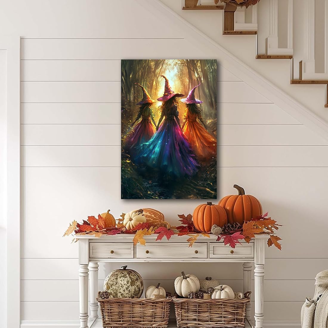 Halloween Room Decor Wall Art Colorful Witch Prints,Vintage Three Colorful Witches in Forest Halloween Posters,Fall Fantasy Aesthetic Pictures Playful Art Wall Decor for Bedroom,12"x18" Framed