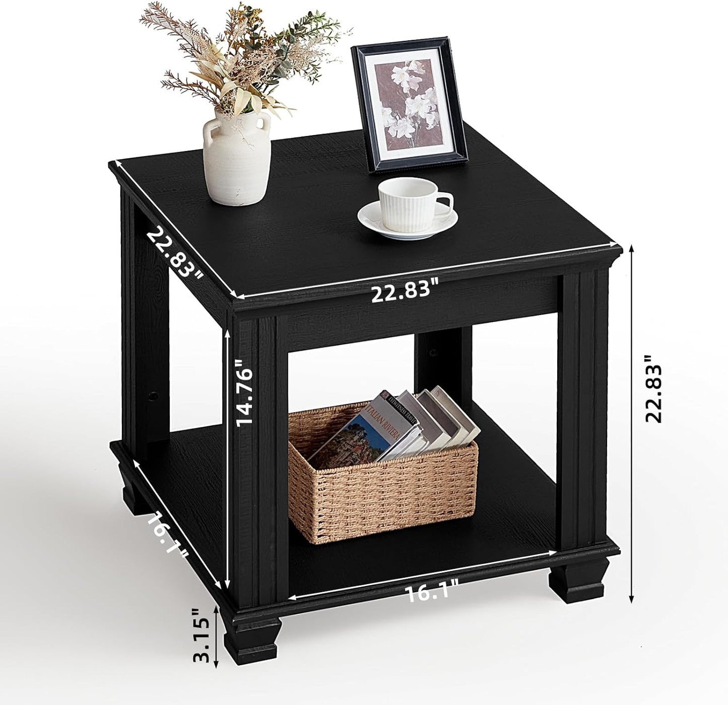 Farmhouse End Table,Large Side Table with 2-Tier Storage Shelf,Rustic Wood End Tables for Living Room,Square Tea Table,Black