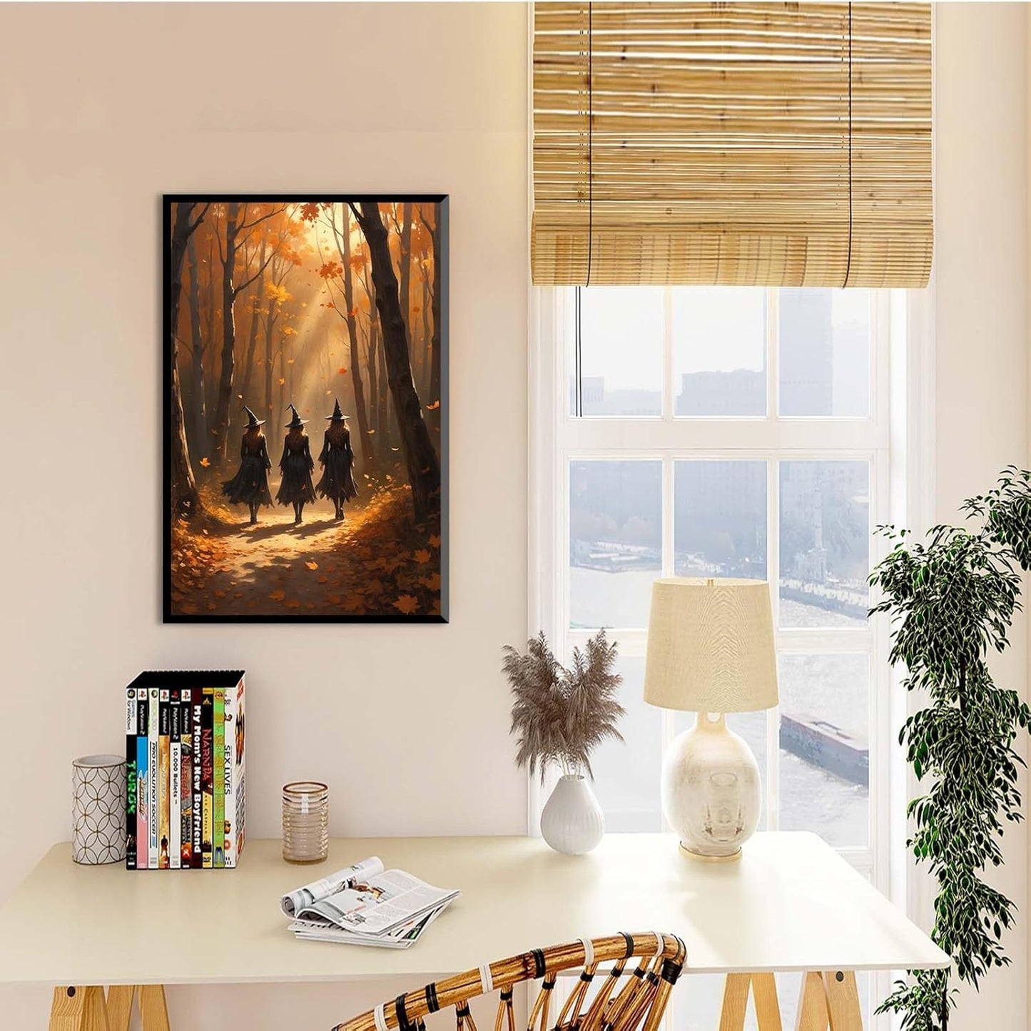 JFHCQJPK Three witches walking in the forest in autumn canvas painting gothic poster halloween print country witch wall art for home decoration8x12in Metal blackFramed