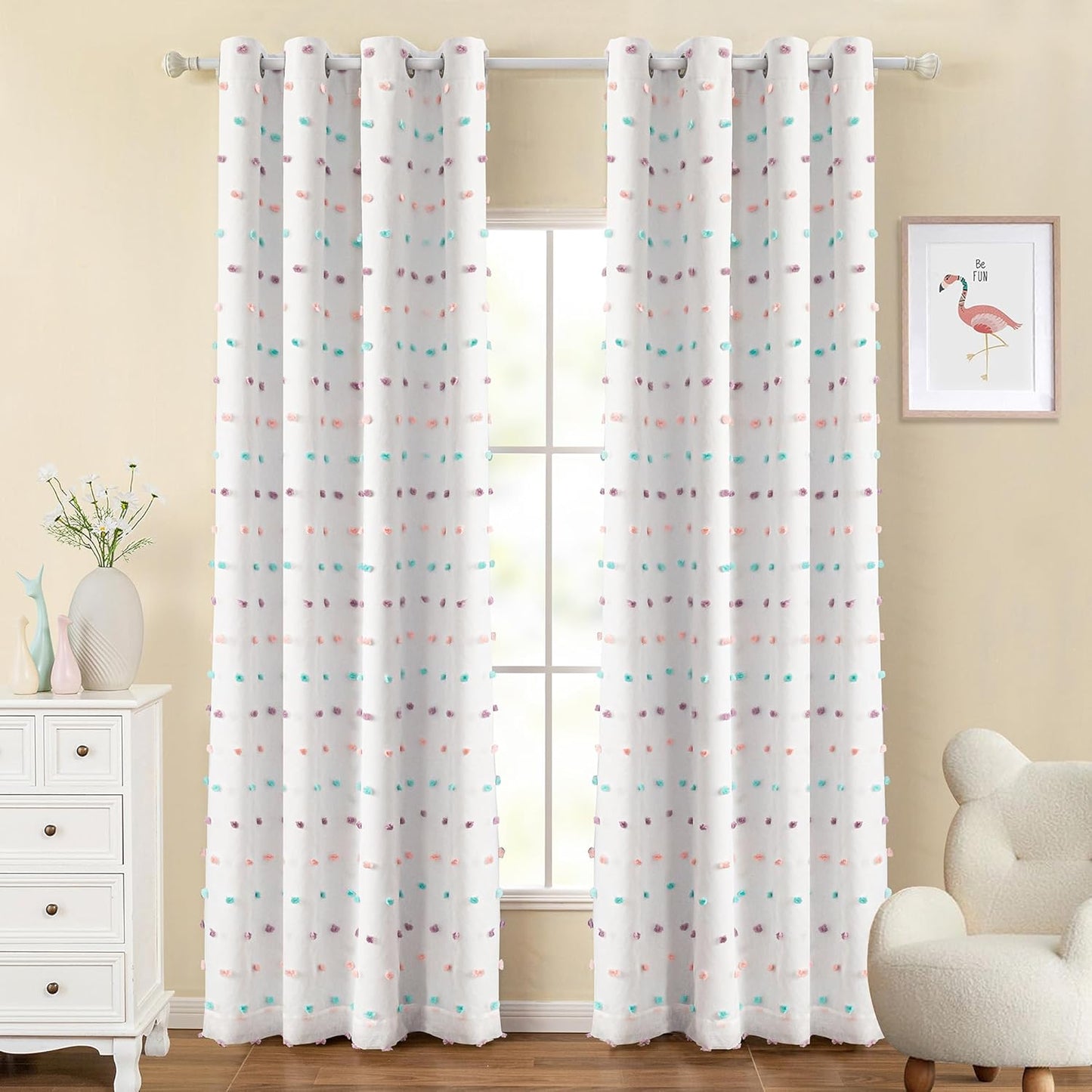 MYSKY HOME Total Blackout Curtains for Kids Bedroom 84 Inch Long 100% Light Blocking Curtains for Living Room 2 Panels Room Darkening Grommet Double Layer Drapes with Rainbow Pom Pom Sheer 52W x 84L