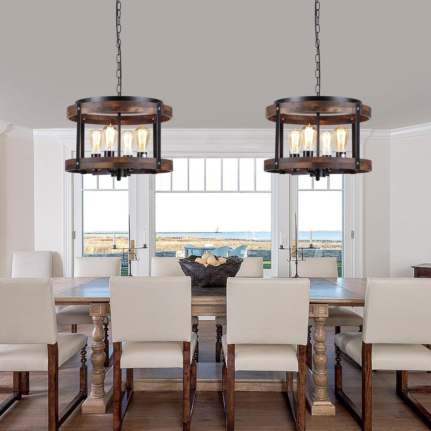 4-Light Large Rustic Farmhouse Wood Pendant Light Fixture with Adjustable Chain, 16.5 inch Oak Wood Drum Chandelier for Dining Room Kitchen Island Farmhouse Living Room Hallway, Black