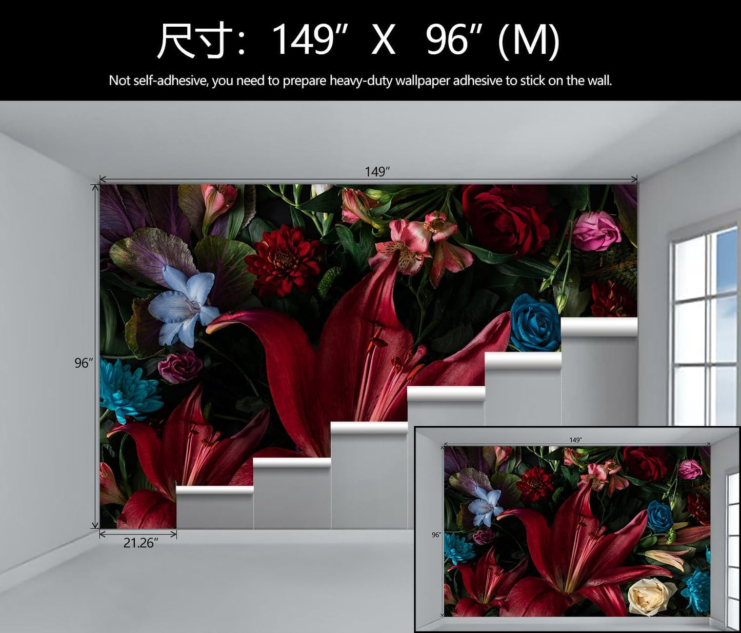 Large Dark Floral Wallpaper Colorful Spring Flowers Background Wall Mural (Not Peel and Stick)