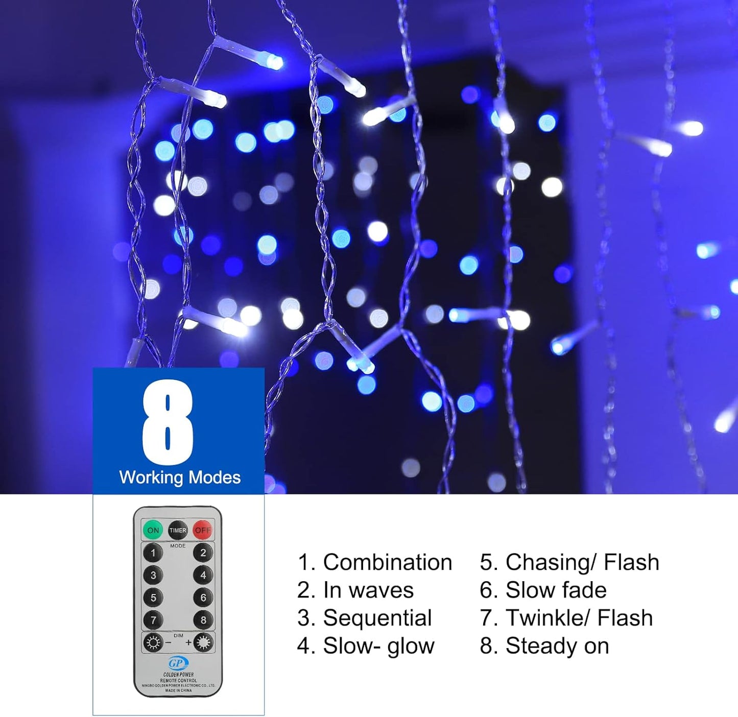Brightown Icicle Lights Outdoor, 20Ft Christmas Lights with 30 Drops, 1125 LED Firecracker Icicle Christmas Light Outdoor with Timer for House Eaves Wedding, Blue and White