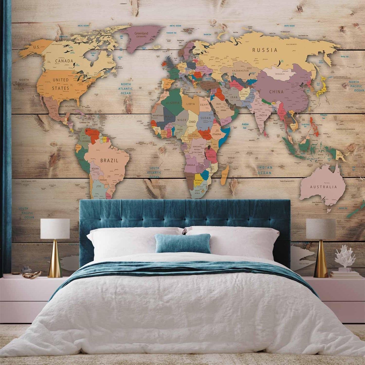 artgeist Wall Mural World Map 193x138 in - XXL Peel and Stick Self-Adhesive Wallpaper Removable Large Sticker Foil Wall Decor Print Picture Image Design Map of The World k-B-0009-a-b