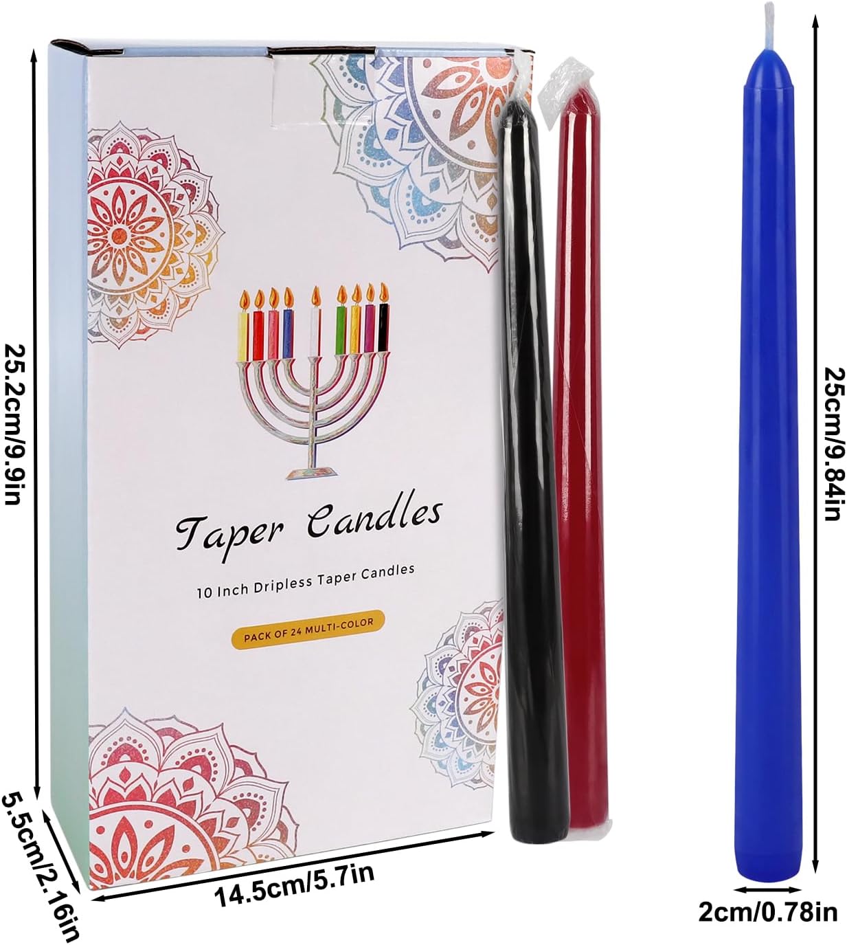 24 Pack 10" Tall Colored Taper Candles, Dripless Unscented Colorful Candlesticks for Birthdays Dinner Party Home Décor, Long Burning Spell Chime Candles for Witchcraft Ritual Prayer Meditation