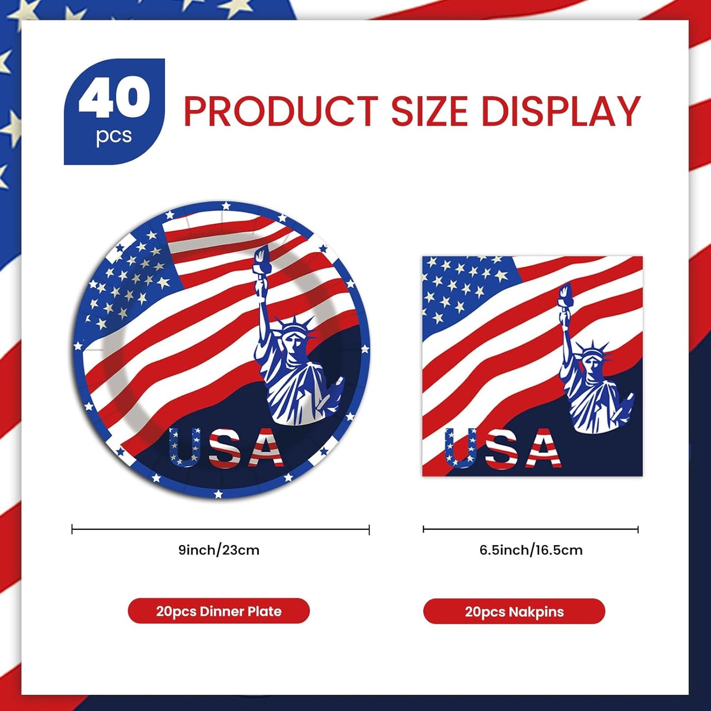 40 pcs Patriotic 4th of July Decorations Party Dessert Plates and Napkins Sets 9" Paper Plates 20 pcs and 6.5" Napkins 20 pcs Red White and Blue Party Supplies Tableware