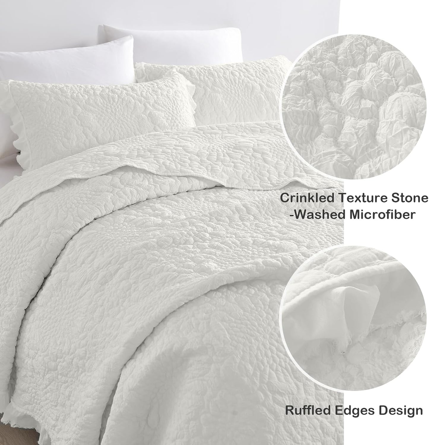 HORIMOTE HOME Cream White Ruffled Quilt Twin Size, Stone-Washed Microfiber Lightweight Crinkled Farmhouse Rustic Shabby Chic Bedding Set, 2 Pieces Reversible Bedspread with Pillow Sham for All Season