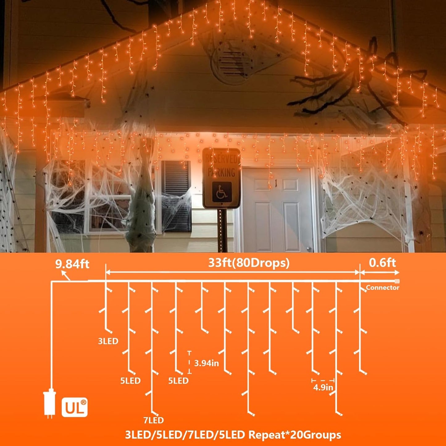 YEGUO 33ft 400 LED Orange Halloween Lights, Connetable Icicle Light Outdoor Waterproof, 8 Modes Christmas Lights Indoor Plug in for Thanksgiving House Patio Fall