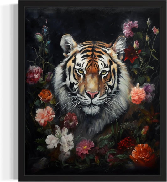 Tiger and Flower Poster Art Print, Halloween Scary Vintage Wall Art Academia Spooky Painting Decoration for Horror Prints, Gothic Posters Bedroom Decor 89 (Tiger and Flower, 11 x 14 inches, Unframed)