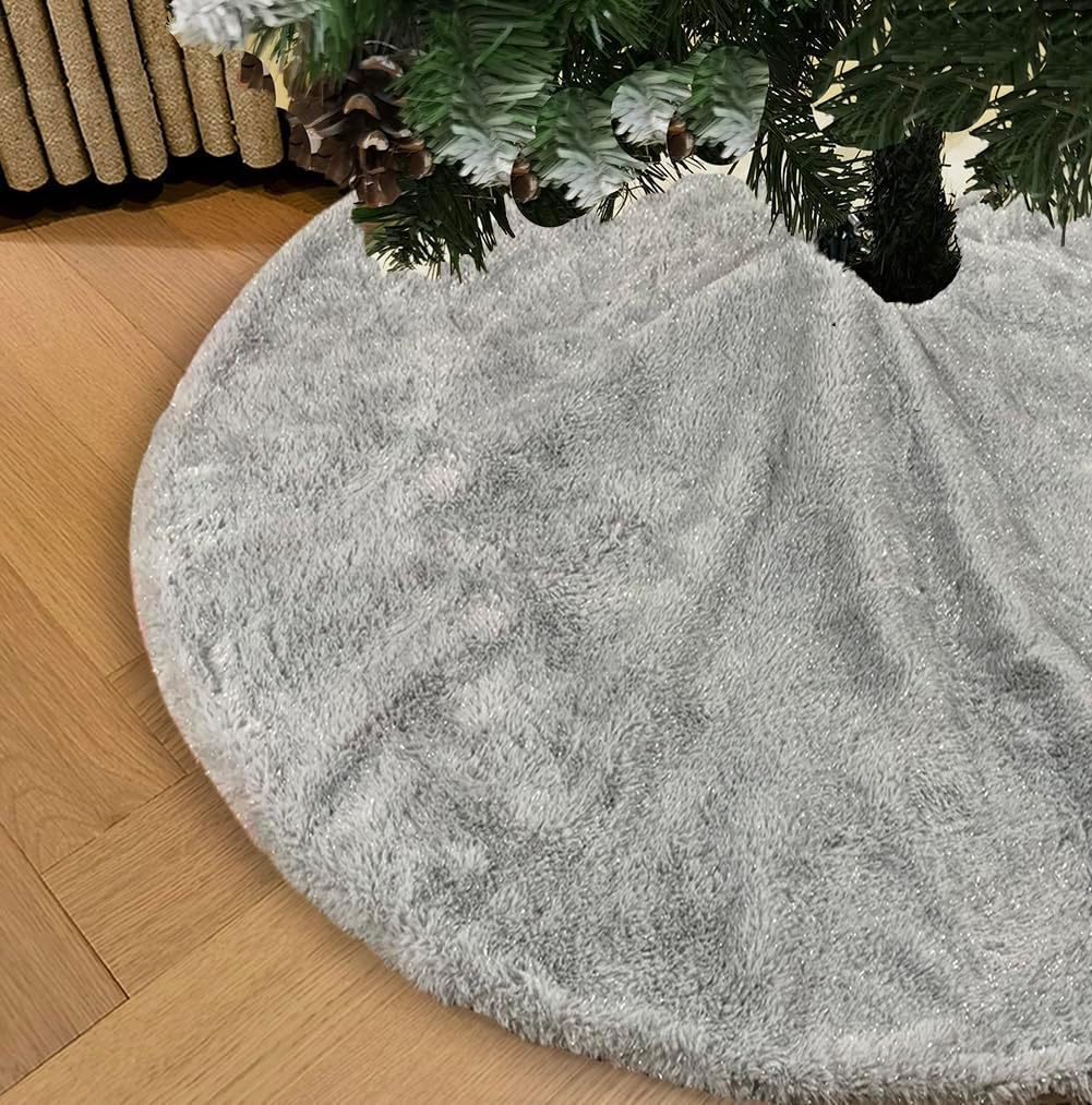 AOGU 48 Inch Faux Fur Christmas Tree Skirt Grey Shiny Plush Skirt for Merry Christmas Party Christmas Tree Decoration