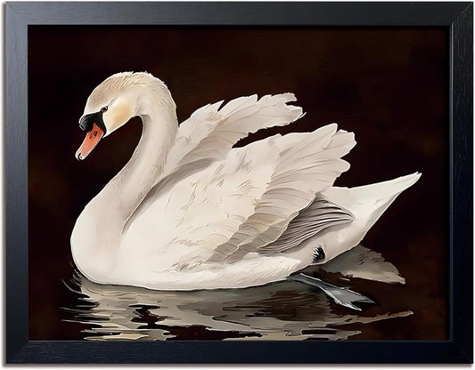 Black Wood Framed Wall Art Canvas Print Home Decor, Vintage Swan Aesthetic Wall Decor Photo, Classical Grace Swan Bathroom Prints Painting for Living Room Bedroom Office Decor 8x10 Inch