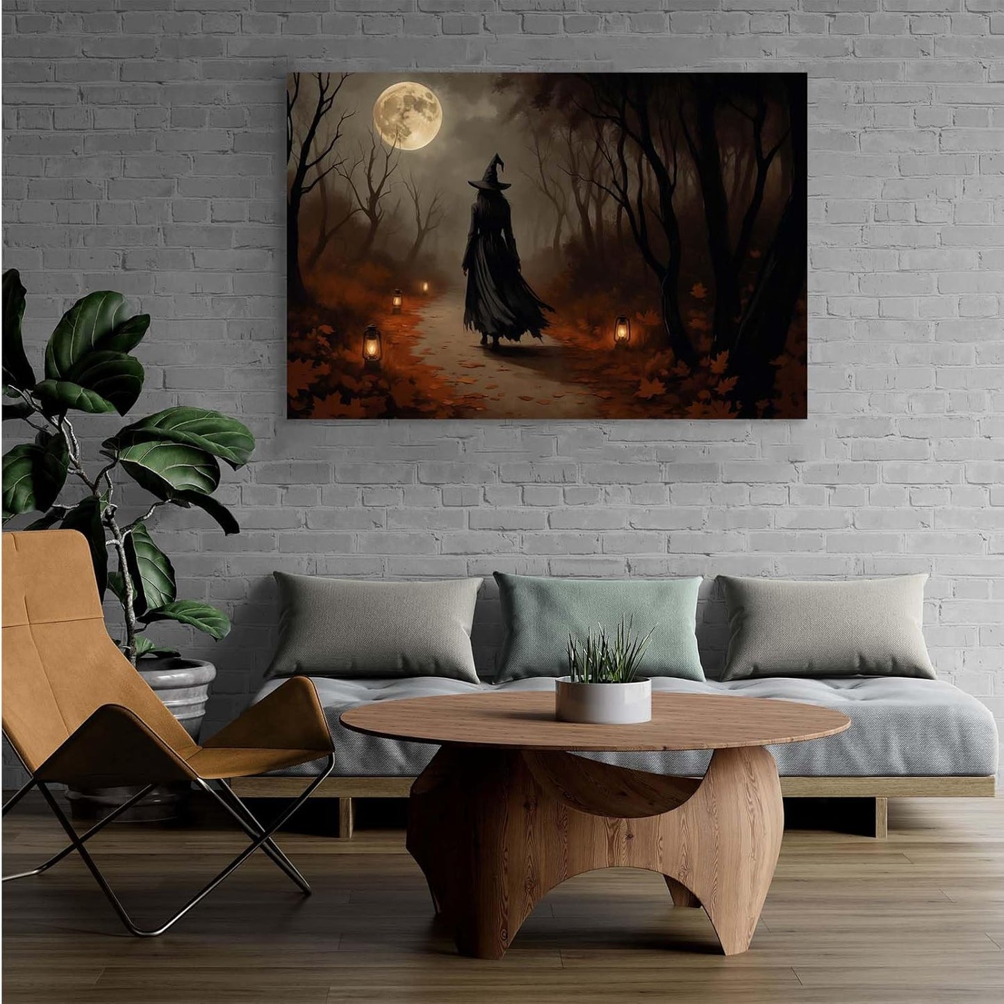 Moonlight witch poster dim lantern Halloween decoration Gothic style dark retro college style canvas wall art suitable for living room bedroom20x30in Wood Framed