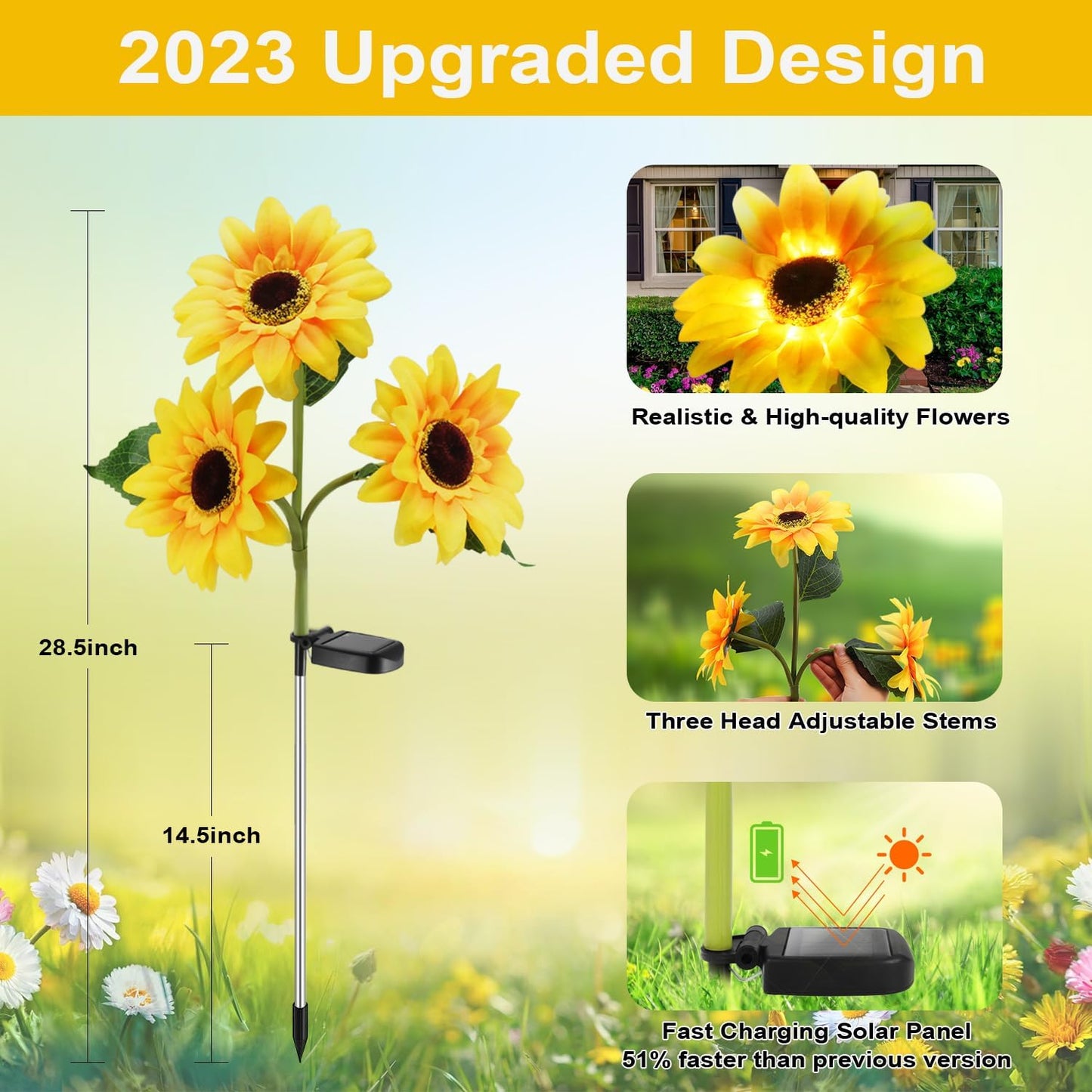 Outdoor Solar Garden Stake Lights,Upgraded LED Solar Powered Light with 3 Sunflower, Waterproof Solar Decorative Lights for Garden, Patio, Backyard (2 Pack 6 Flower)
