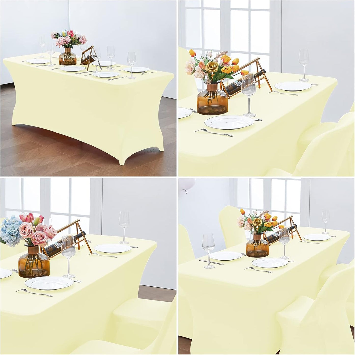 CWK 8FT Waterproof Stretch Spandex Table Cover for Rectangular Tables - Elastic Fitted Tablecloth for Folding Tables,Wrinkle Resistant Table Cloth for Parties, Weddings, Banquets & Events (Beige)