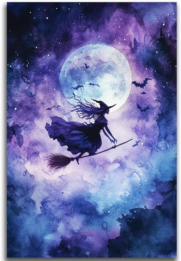 Witch On Broom Flying Wall Art,Gothic Halloween Canvas Wall Art,Victorian Witch Silhouette In Moonlight Broomstick Poster Pictures,Creepy Halloween Purple Night Sky Print,24"x36" Unframed