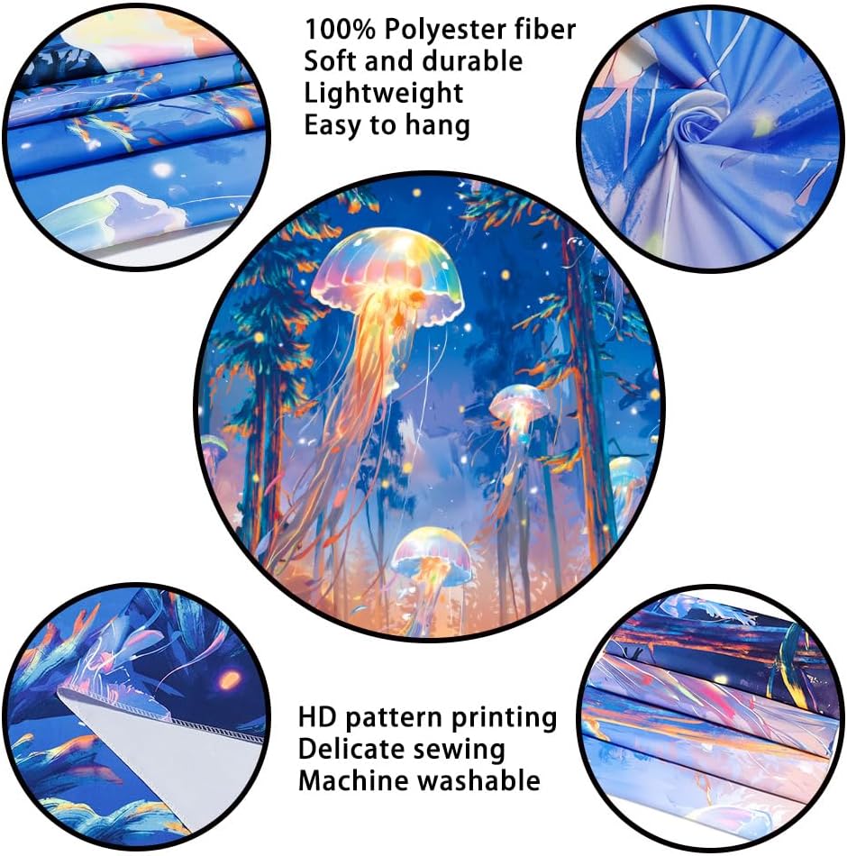 Blacklight Forest Jellyfish Tapestry UV Reactive Nature Tree Tapestry Trippy Fantasy Starry Sky Tapestries Aesthetic Jungle Plants Tapestries Wall Hanging for Bedroom