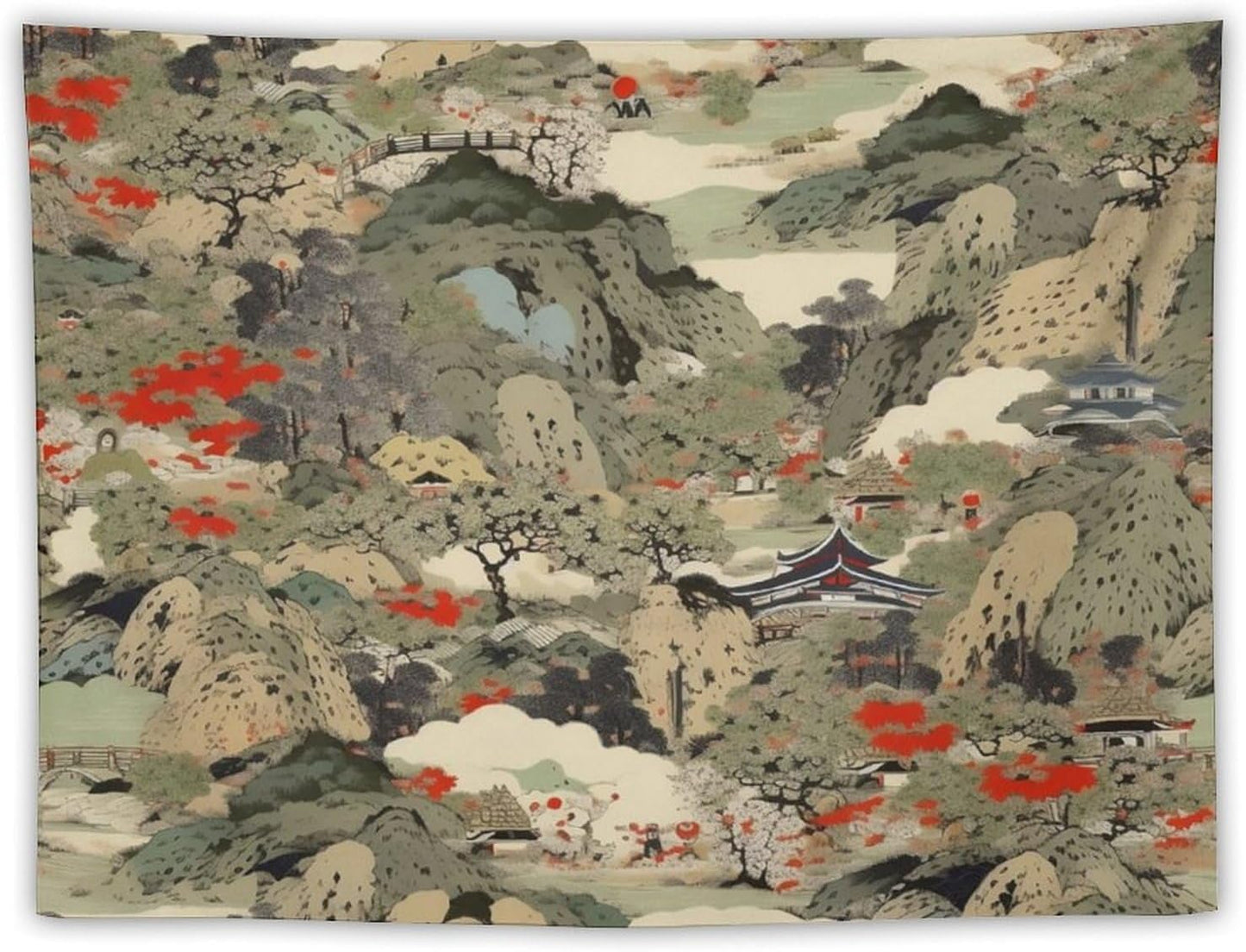 Asian Tapestry,Japanese Red Landscape Asian Watercolor Abstract Art Tapestry, Asian Japanese Wall Tapestry, Nature Landscape Tapestries for Bedroom Living Room Decor 90"x60"