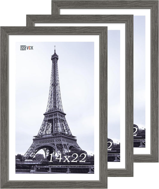 VCK 14x22 Picture Frame Set of 3, Gray Solid Wood Poster Picture Frame, Exclusive Wood Grain, Wall Mounting Hanging
