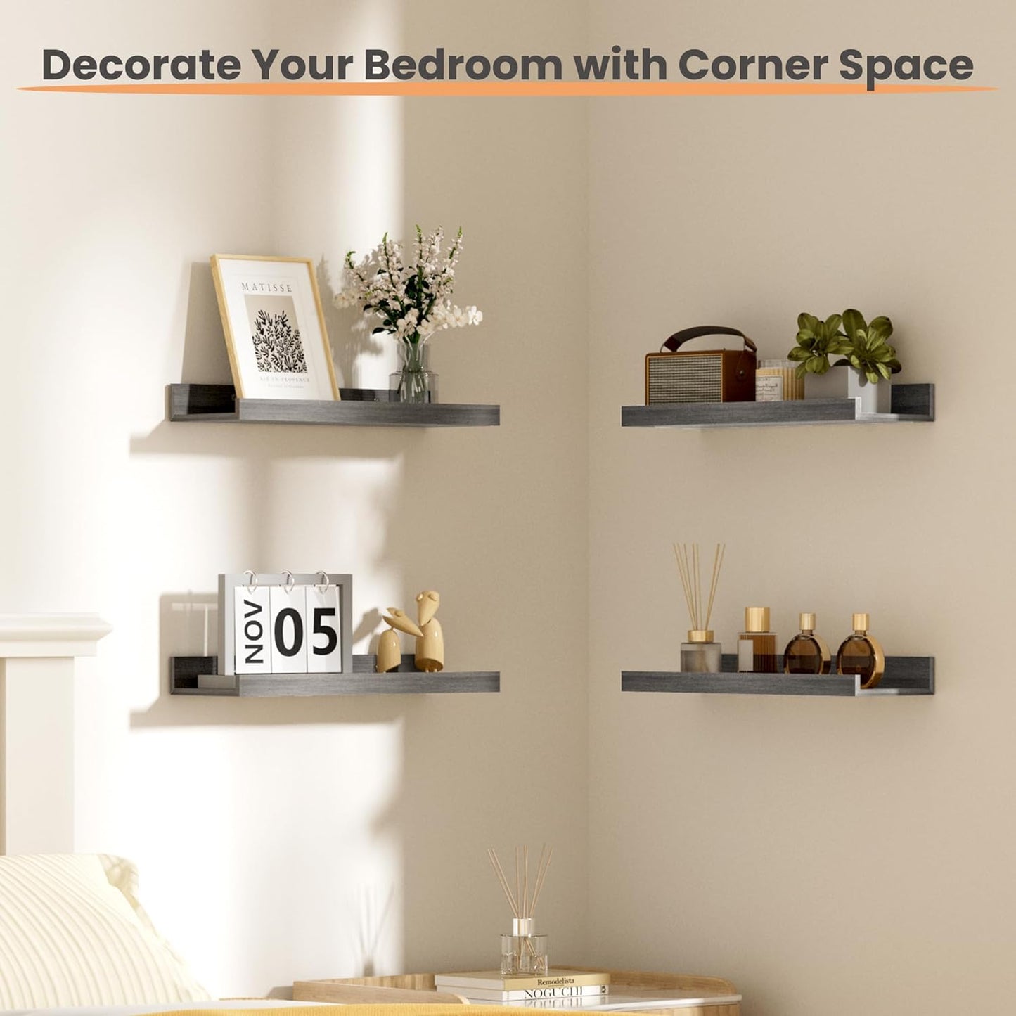 upsimples Floating Shelves for Wall, Wall Shelves for Decor Storage Set of 6, Wall Mounted Wood Shelf for Bedroom, Living Room, Bathroom, Kitchen, Picture Ledge Shelf, Grey