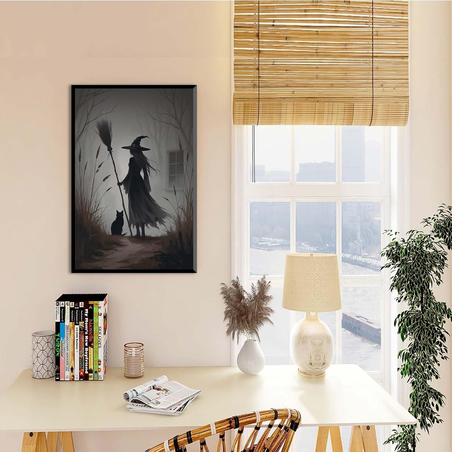 JFHCQJPK Vintage forest witch and black cat poster Halloween mural poster decoration mural art magic suitable for home living room bedroom16x24in Metal blackFramed