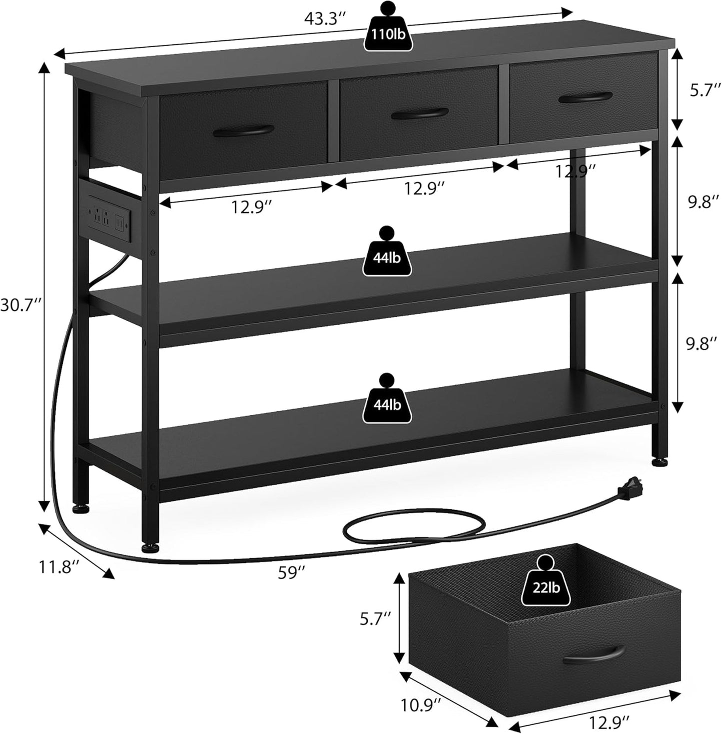 Lulive 2 Pack Entryway Table with Power Outlets, Console Table with 3 Fabric Drawers, Sofa Table for Living Room, Hallway, Couch, Foyer, Height Adjustable
