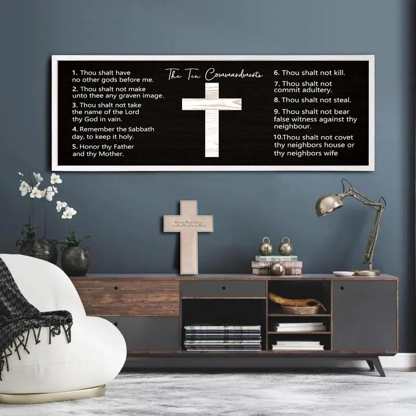 Ten Commandments Rustic Bible Verse Framed Wall Decor, 40" x 15", Religious Christian Slogan Representing a Prayer to God Jesus Christ, Vintage Horizontal Holy Inspirational Catholic Scripture Decor