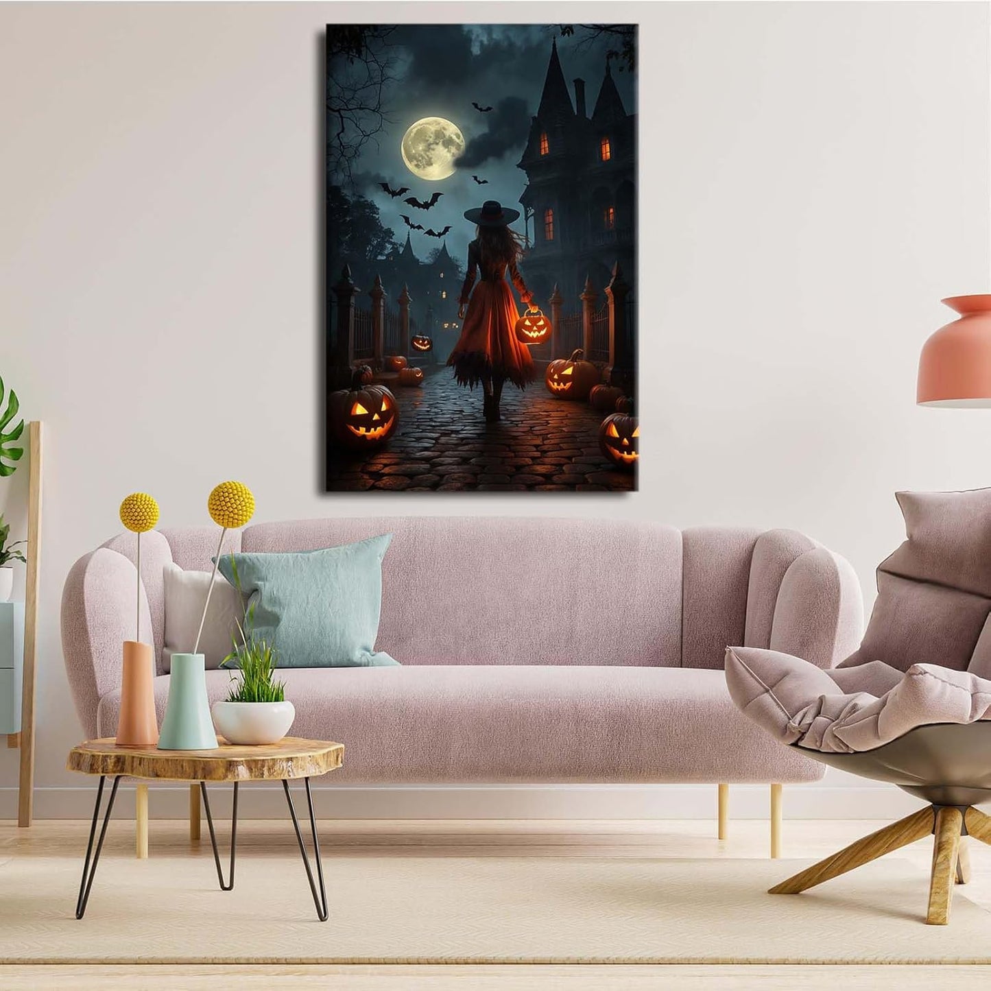 JFHCQJPK Halloween theme poster moonlit autumn night witch vintage poster art print dark college style gothic painting canvas wall decoration bedroom living room ideal gift28x40in Frameless