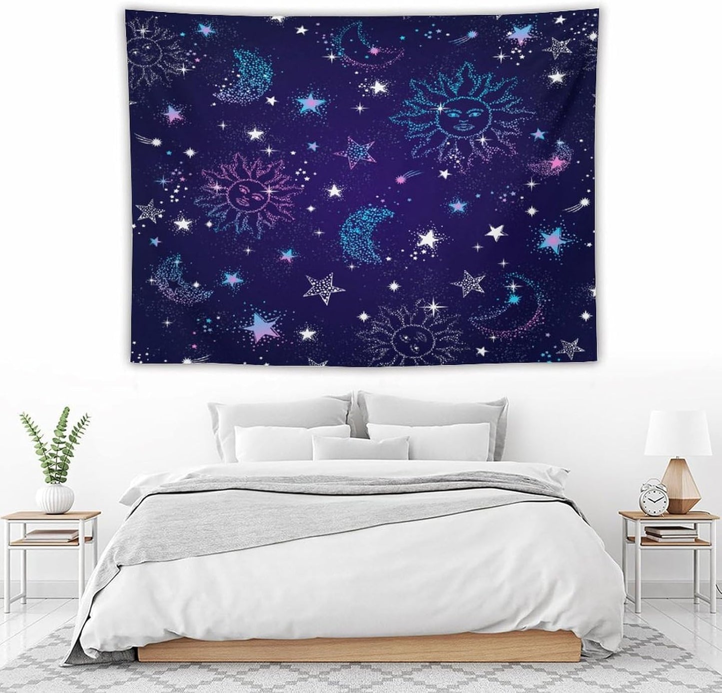 HZOHNAGO Boho Sun Moon Tapestry Purple Blue Sun Stars Galaxy Pattern Printed Wall Tapestry Wall Hanging for Bedroom Living Room Dorm 80" W x 60" H