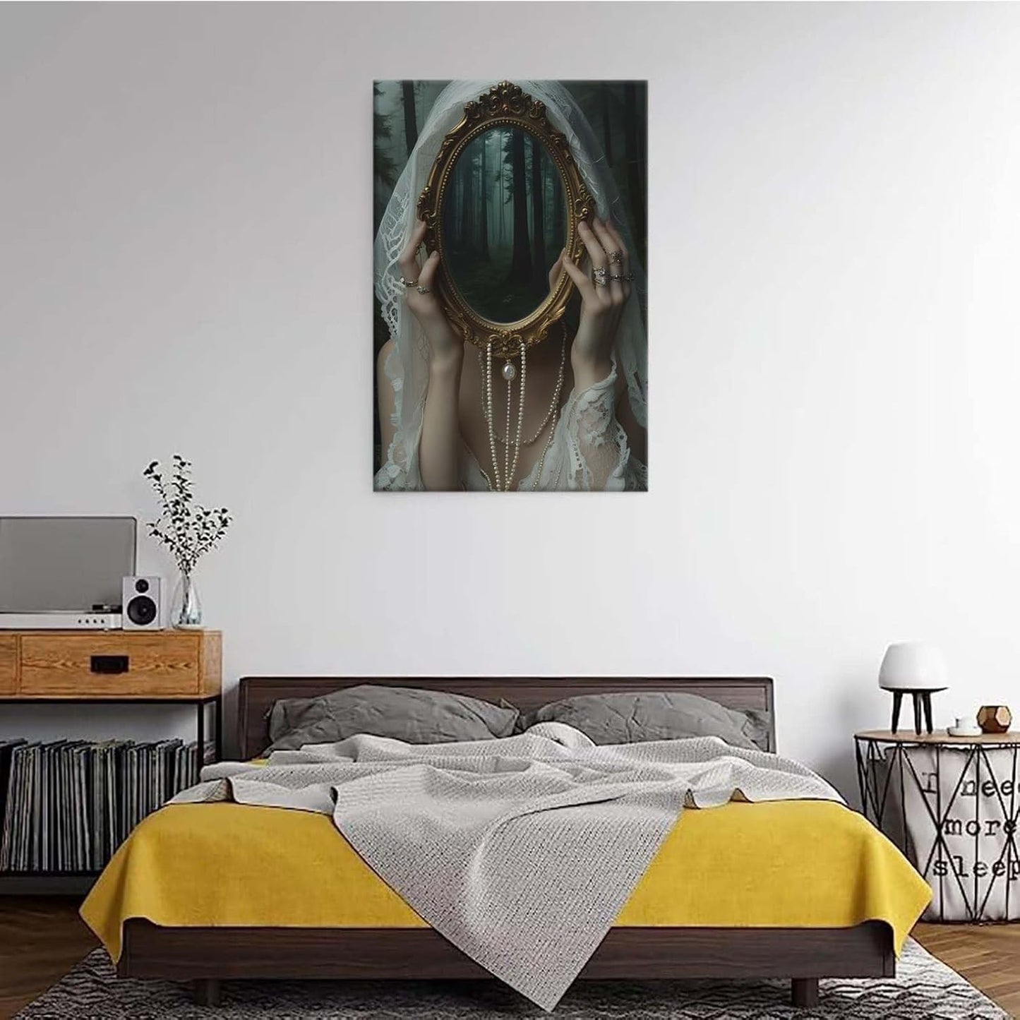 Mirror face covering dark art poster print melancholy gothic painting vintage feminine print victorian style decoration antique art16x24in Wood Framed