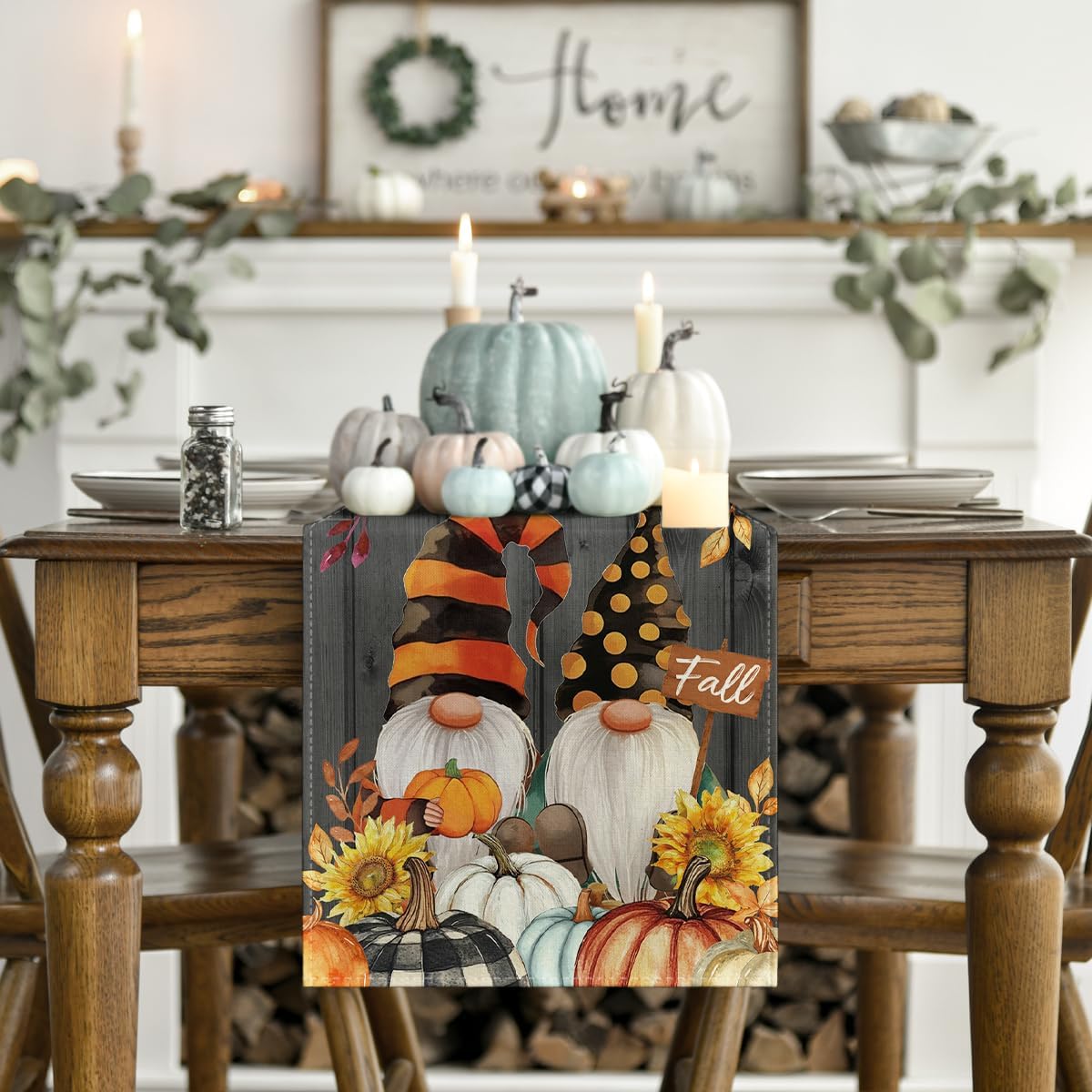 Artoid Mode Fall Gnomes Pumpkins Sunflower Maple Leaves Thanksgiving Table Runner, Seasonal Harvest Vintage Kitchen Dining Table Decoration for Indoor Outdoor Home Party Decor 13 x 72 Inch