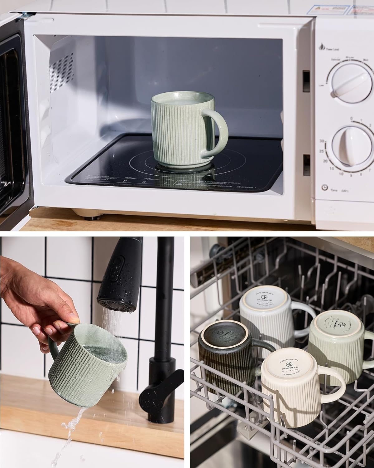 famiware Coffee Mug Set for 4, Star 12 oz Catering Mugs Cup Set with Handle for Coffee, Tea, Cocoa, Milk - Ceramic Stoneware Drinkware Set, Matte Green