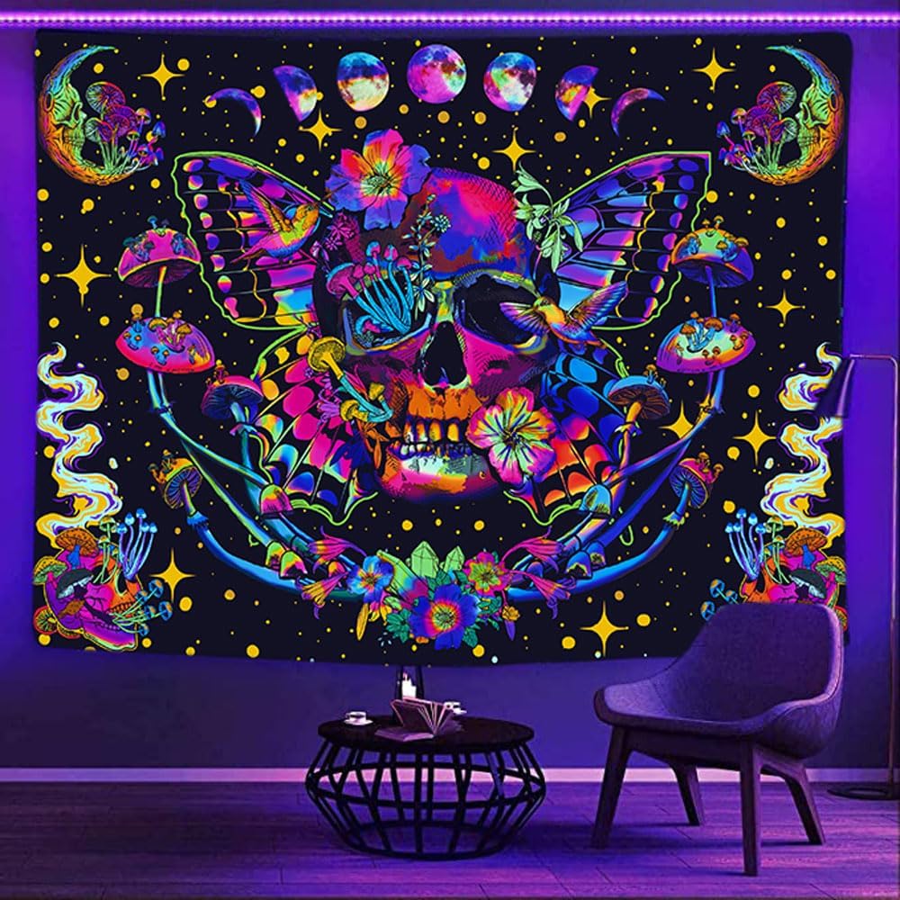 Xiaoput Blacklight Skull Tapestry, UV Reactive Mushroom Butterfly, Aesthetic Moth Moon Flowers, Hippie Skeleton Wall Hanging for Bedroom, Living Room, Home, Dorm 60x40in