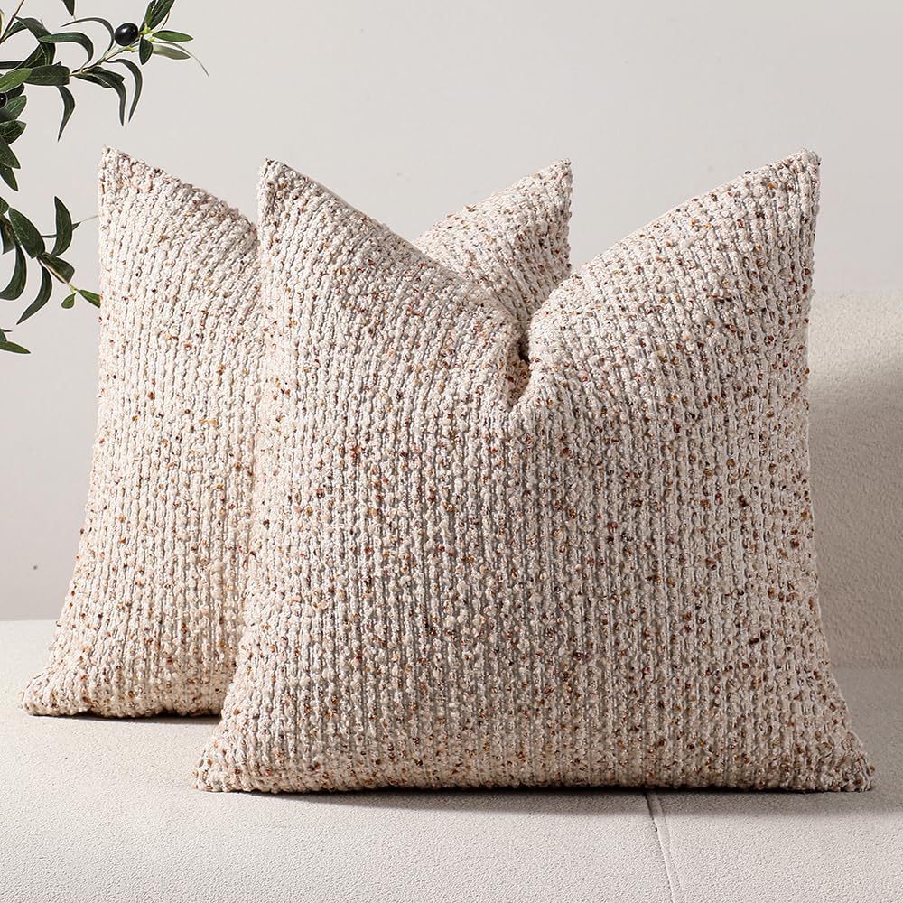 Striped Throw Pillow Covers 24x24 Set of 2 Beige Textured Boucle Chic Morden Boho Accent Farmhouse Square Decorative Couch Pillow Covers for Home Decor Bed Sofa Living Room
