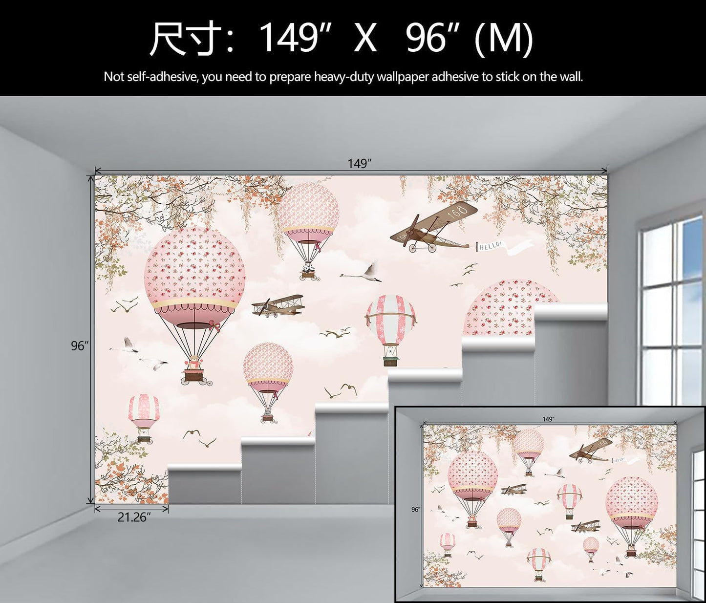 WFBHUA-Hot Air Balloon Wallpaper Mural Cute Animals Airplanes Pink Wallpaper for Nursery Wall Decoration Girls Bedroom Baby Room Kids Room (Not Peel and Stick)