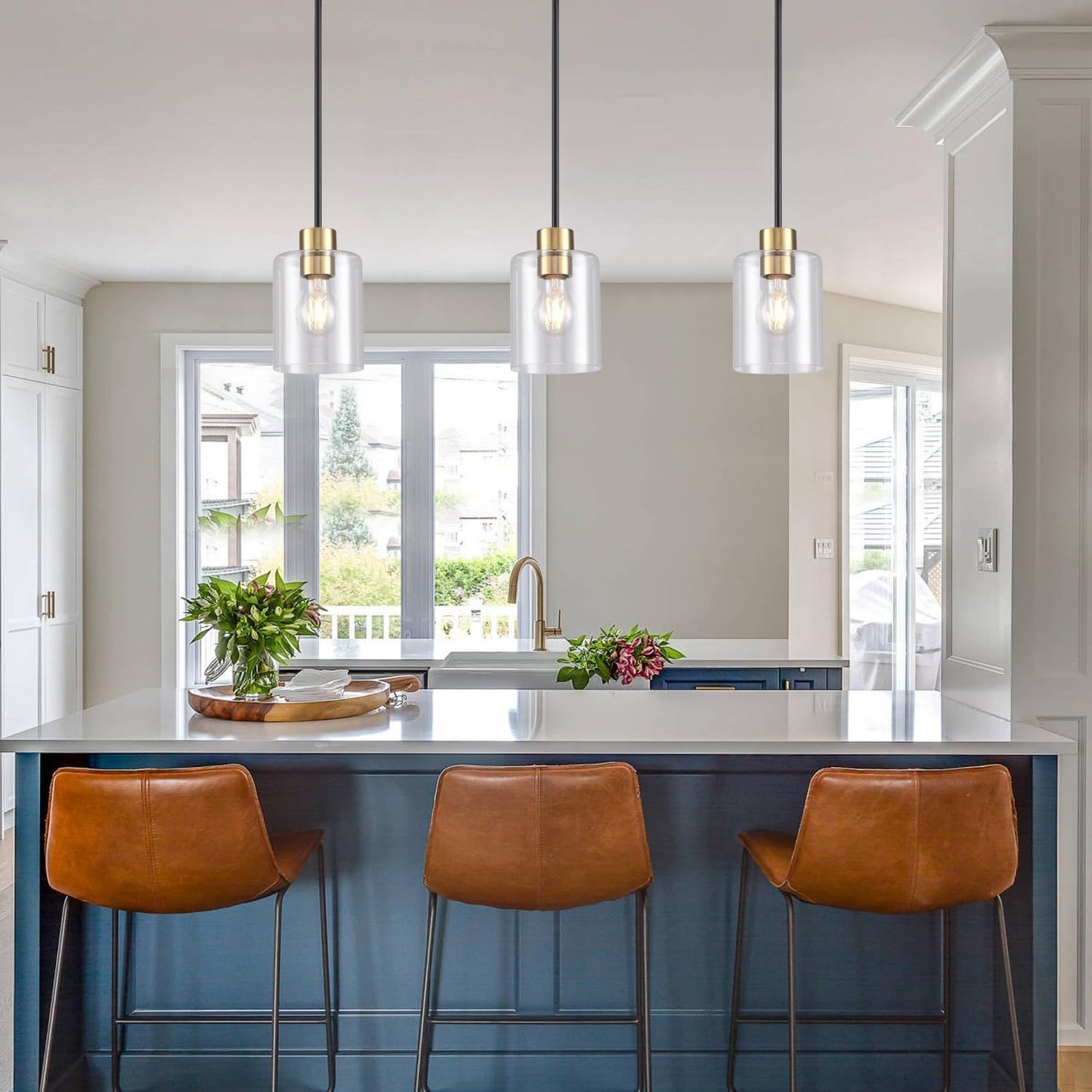 Black Brass Pendant Lights Kitchen Island - Clear Glass Pendant Light Fixture Multiple Stems Rods 3 Units 12 Inch 3 Units 4 Inch (3 Pack Black Brass Downrod)
