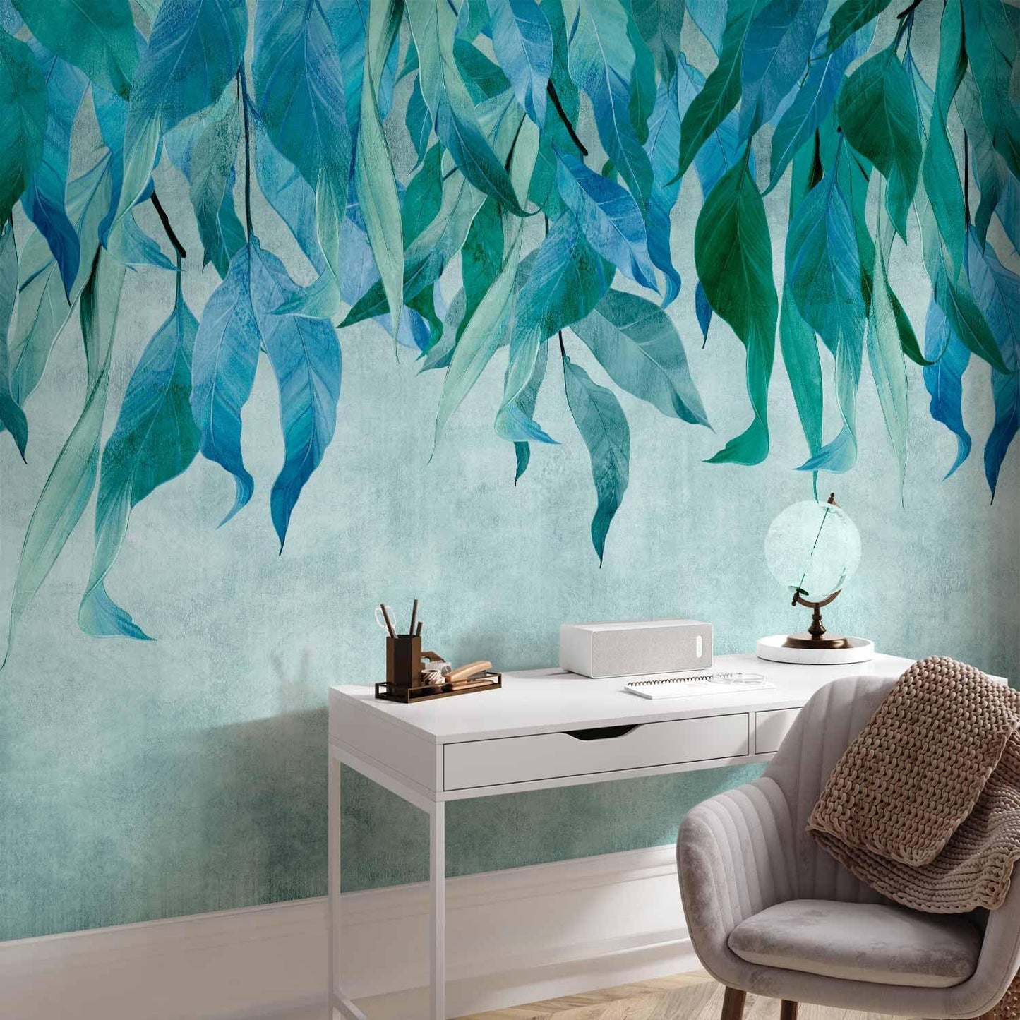 artgeist Wall Mural Hanging Leaves 116x83 in - Peel and Stick Self-Adhesive Wallpaper Removable Large Sticker Foil Wall Decor Print Picture Image Design Nature Botanical Concrete Green b-C-10146-a-b
