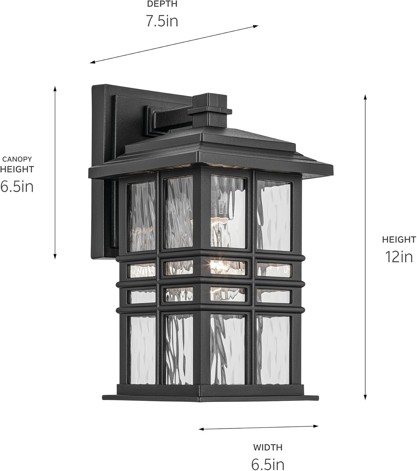 KICHLER Beacon Square 12" 1-Light Outdoor Wall Light with Clear Hammered Glass in Textured Black, for Exterior Doors, Garage, Porch, or Patio (12" x 6.5"), 49829BKT