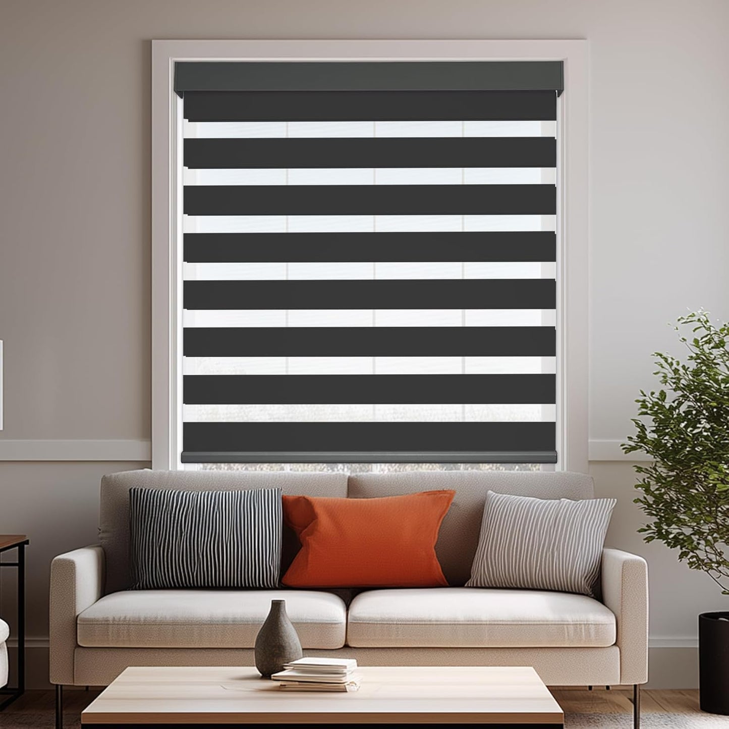 HESTIA Cordless Zebra Blinds Light Filtering Roller Shades UV Blocking Blackout Privacy Indoor Window Shades for Home Office Day and Night, Black,44" W x 48" H