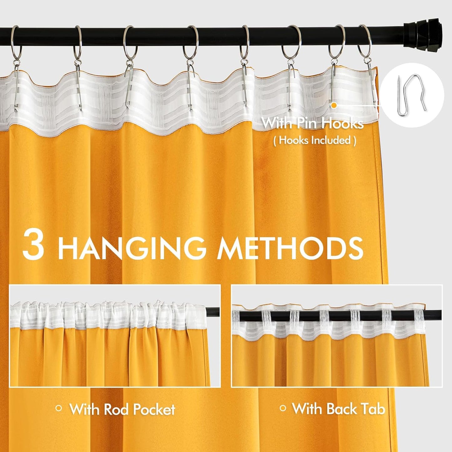 MIULEE Yellow Back Tab Blackout Curtains 90 Inches Long 2 Panels Set for Living Room Bedroom Privacy, Rod Pocket/Pinch Pleat Thermal Insulated Room Darkening Pleated Light Blocking Drapes
