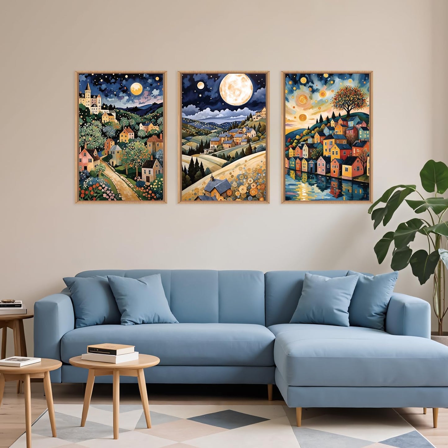 LHIUEM Large Abstract Colorful Framed Canvas Wall Art,Retro Night Village Wall Decor,Natural Moon Stars Wall Painting,Gustav Klimt Scenery Artwork for Living Room,Bedroom,Dining Room,Office -24"x36"x3