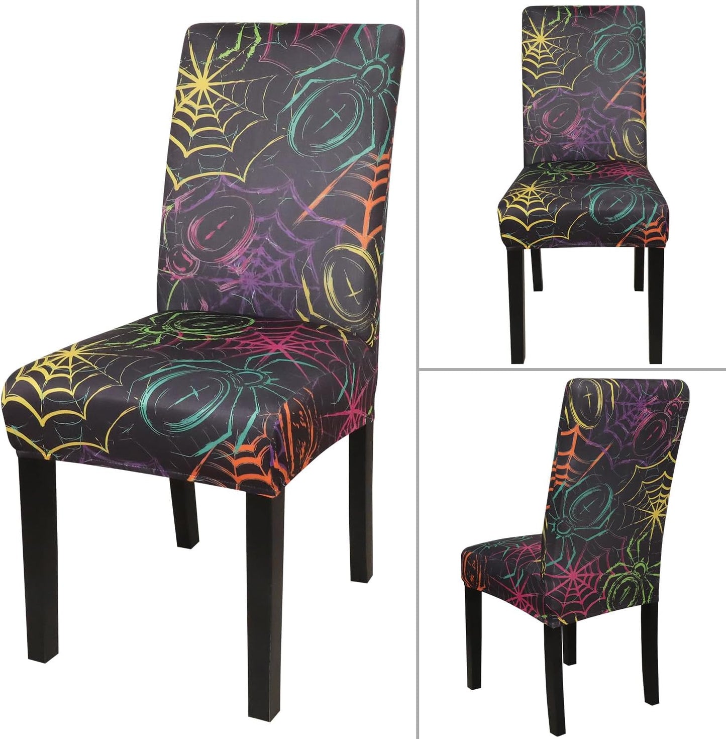 JQinHome Spider Halloween Chair Slipcover,Web Black Chair Covers Set of 6, High Stretch Washable Chair Protector Cover for Dining Room, Kitchen,Home Party,Wedding Ceremony(Spider,6PC)