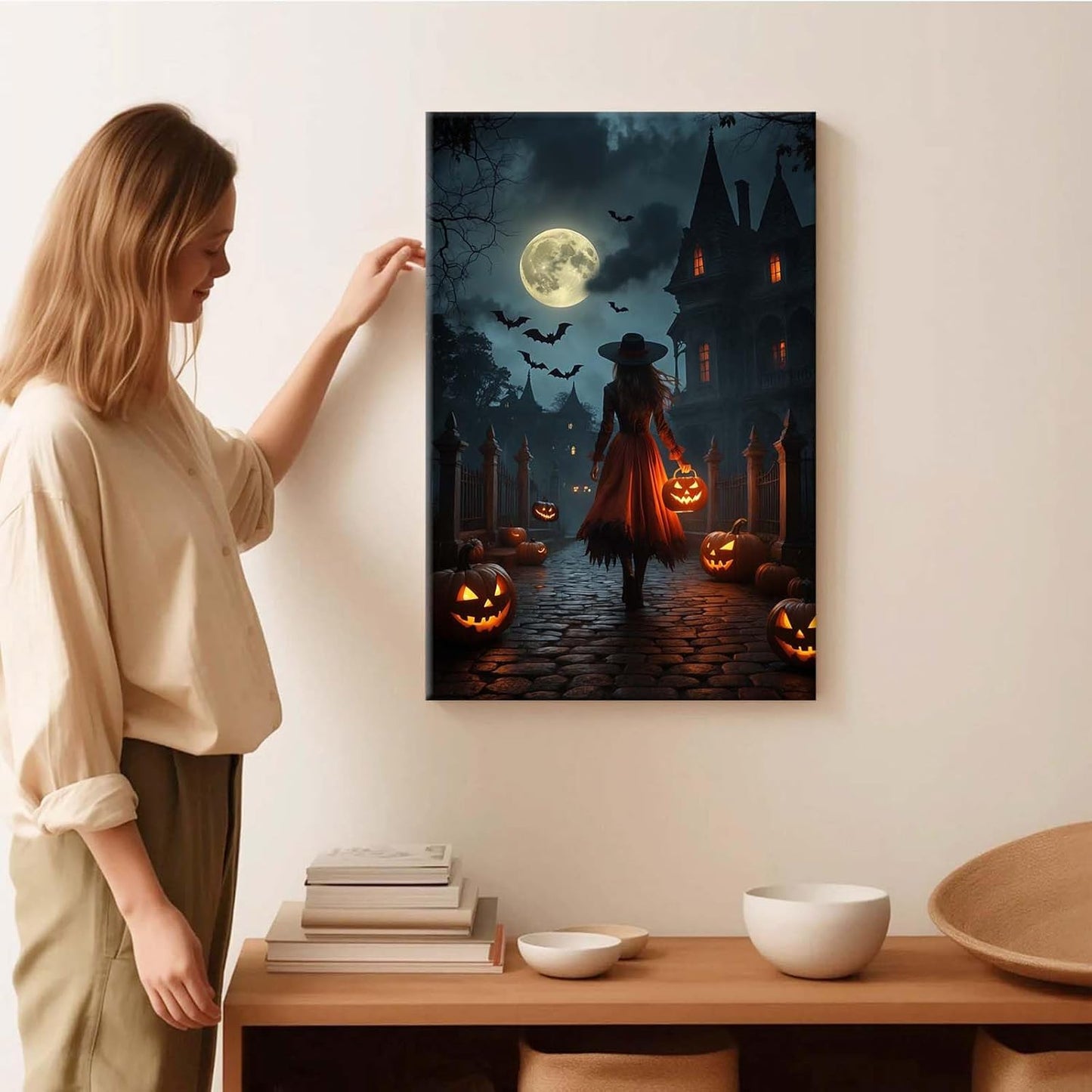 JFHCQJPK Halloween theme poster moonlit autumn night witch vintage poster art print dark college style gothic painting canvas wall decoration bedroom living room ideal gift28x40in Frameless