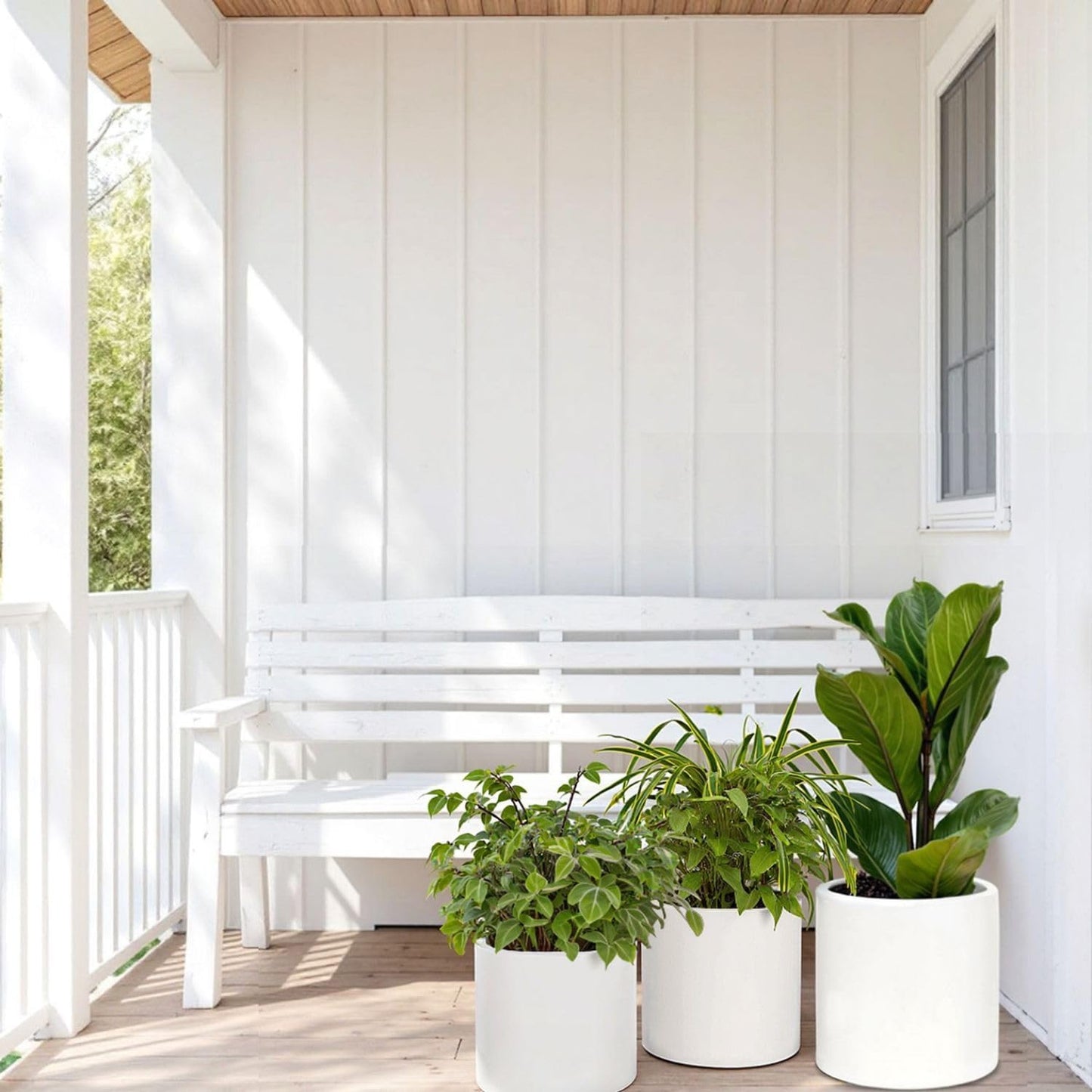 Fox & Fern Matte White Plant Pots with Drainage Plug (Set of 3) — Premium Lightweight Fiberstone 8, 10, and 12 Inch Planters for Indoor and Outdoor Use; Weather Resistant & UV Resistant