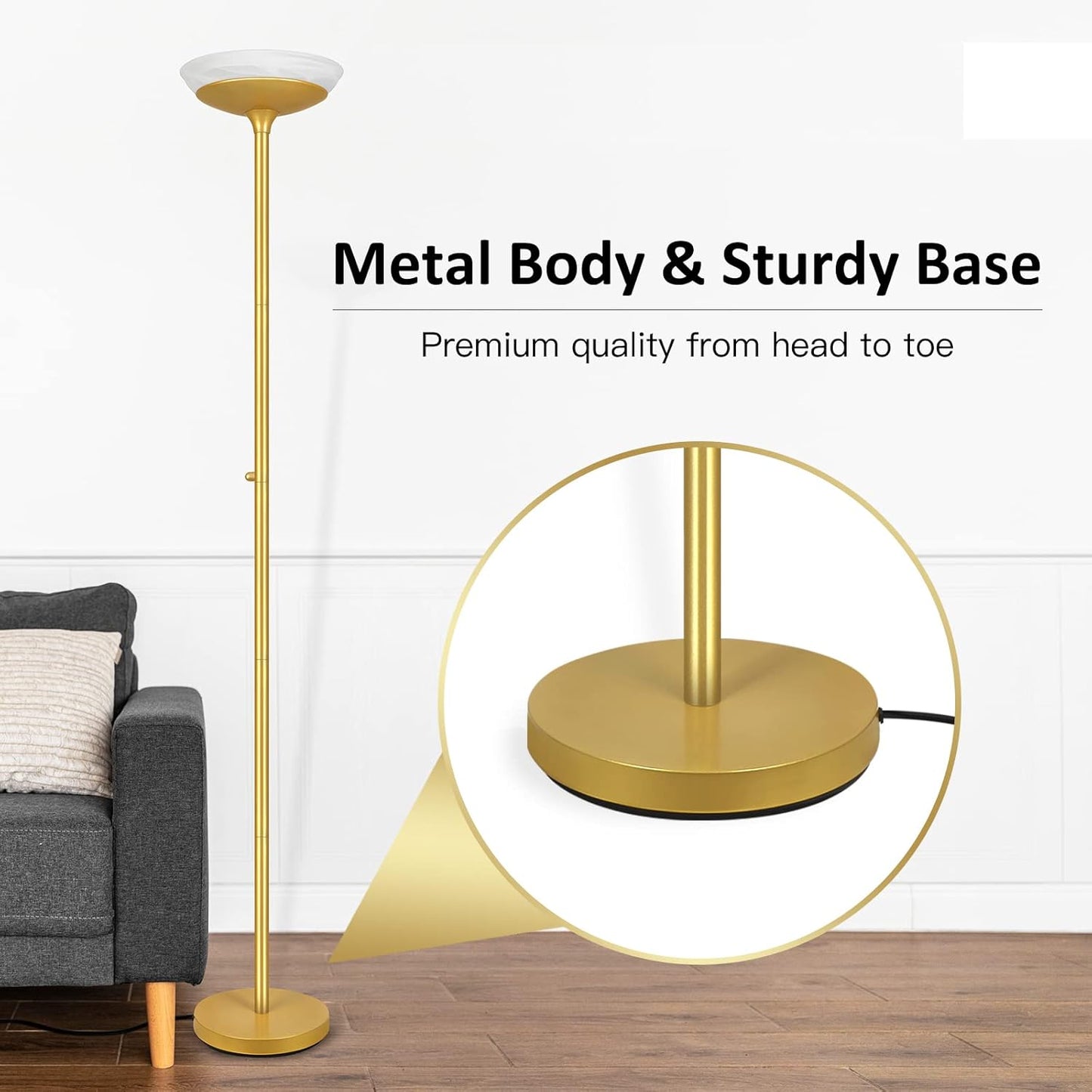 BoostArea Torchiere Floor Lamp, 24W Super Bright LED Standing Lamp, 3000K Stepless Dimmable Pole Lamp with Rotary Switch, 70 Inch Tall Metal Modern Floor Lamps for Living Room/Bedroom/Office/Den, Gold