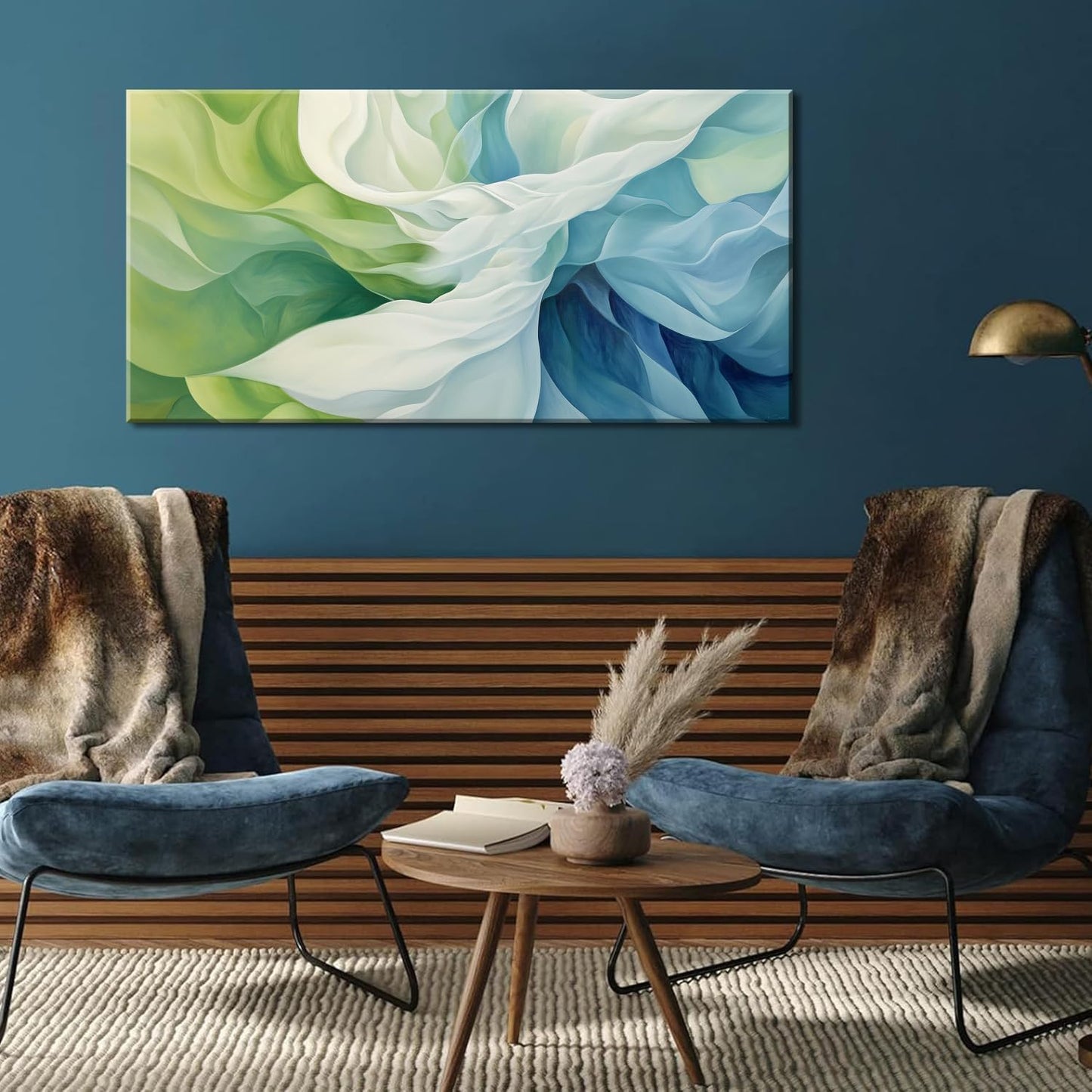 LASMOND Abstract Lines Wall Art for Living Room Canvas Prints Aqua Turquoise Blue Green Artwork Paintings Decor Bedroom Office Girl Woman (30x16 Inches)