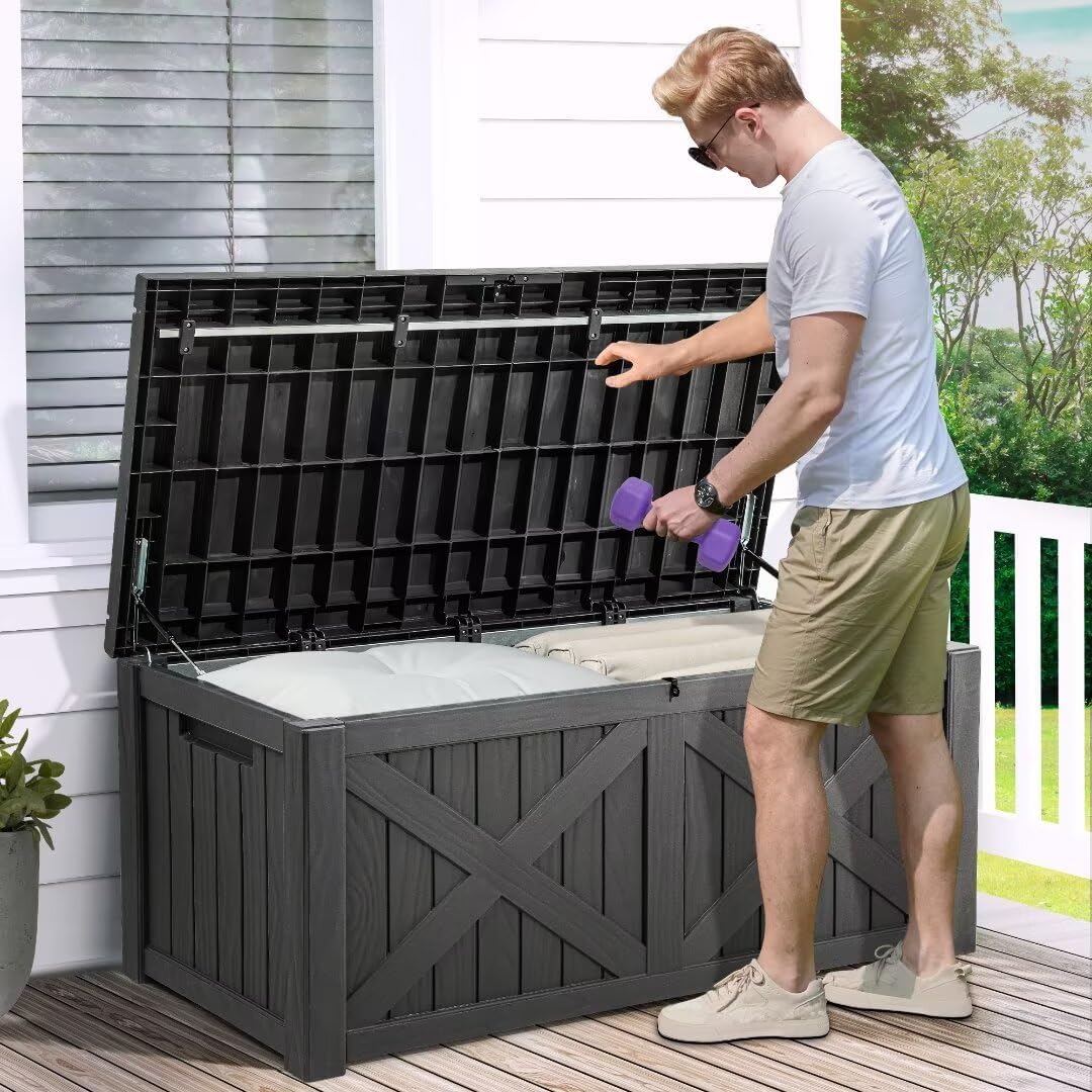 YITAHOME 120 Gallon Large Deck Box with X-Shaped Front, Resin Outdoor Storage Boxes, Waterproof Cushion Storage Bench for Patio, Pool Supplies, Garden Tools - Lockable, Dark Gray