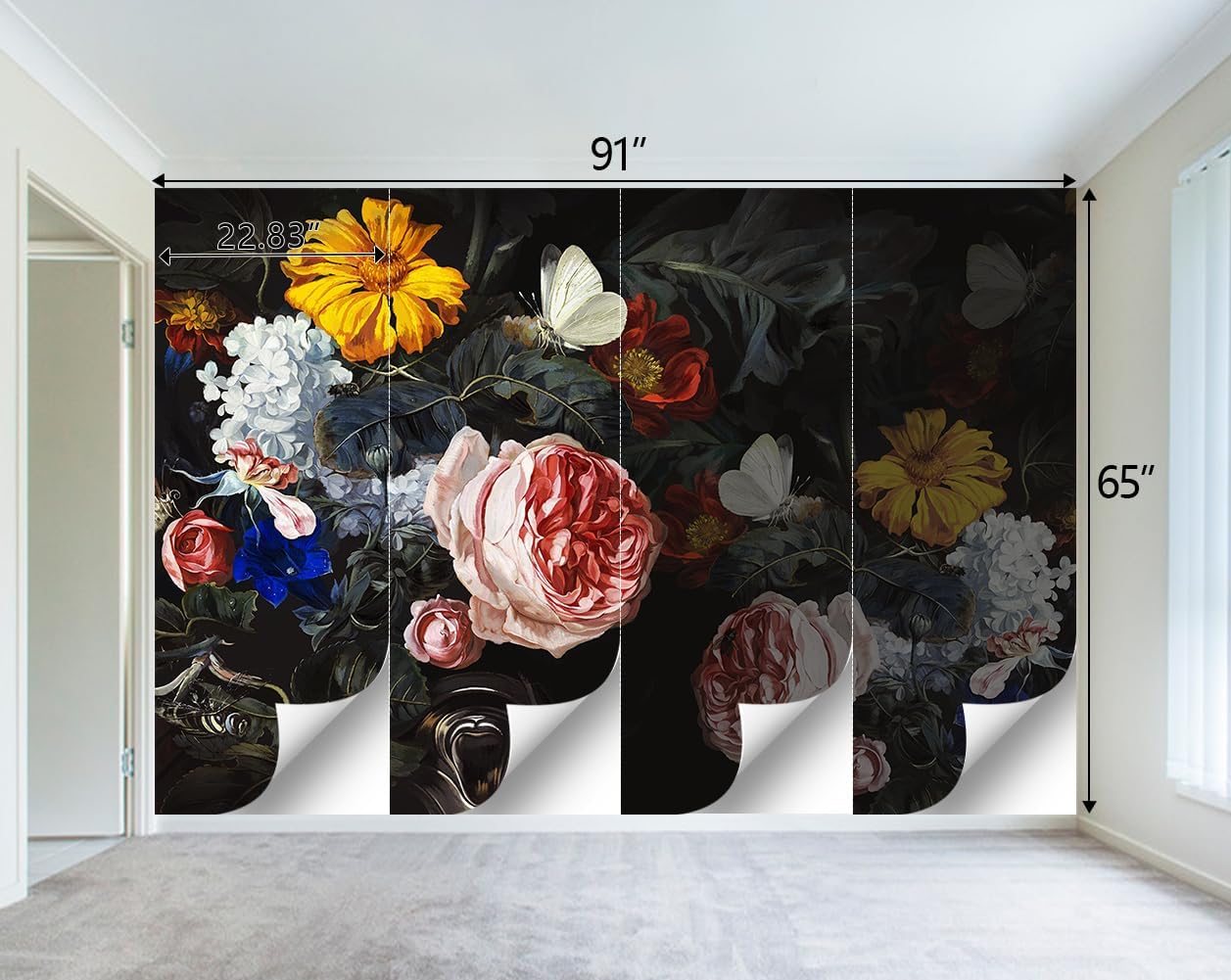 Vintage Black Flowers Mural Bedroom Peony Floral Wallpaper Room Decor Living Room tv Background Large Wall Mural - 91"x65" (Not Peel and Stick)