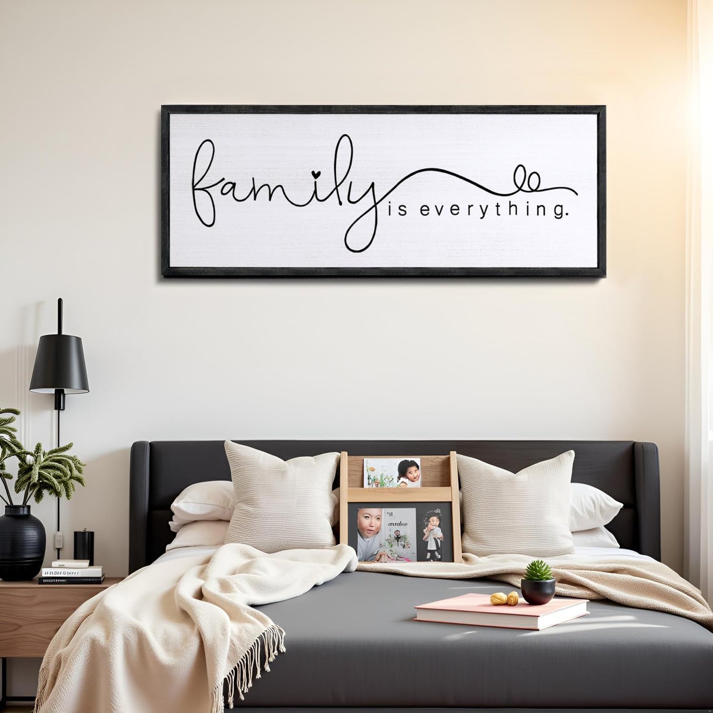 Foutcheou Family is Everything Wall Decor Sign 32"×12" for Family Living Room Large Wood Framed Wall Art Hanging Decoration (Black)