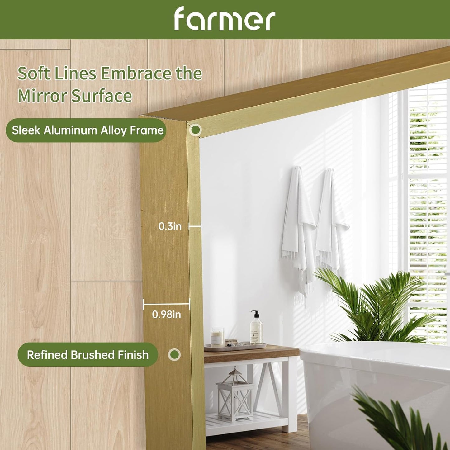 FARMER 30x36 Inch Gold Bathroom Mirror, Rectangle Wall Mounted Mirror, Vanity Mirror, Brushed Square Mirror, Framed Bathroom Mirror for Bedrooms, Entryways, Living Rooms, Horizontal/Vertical