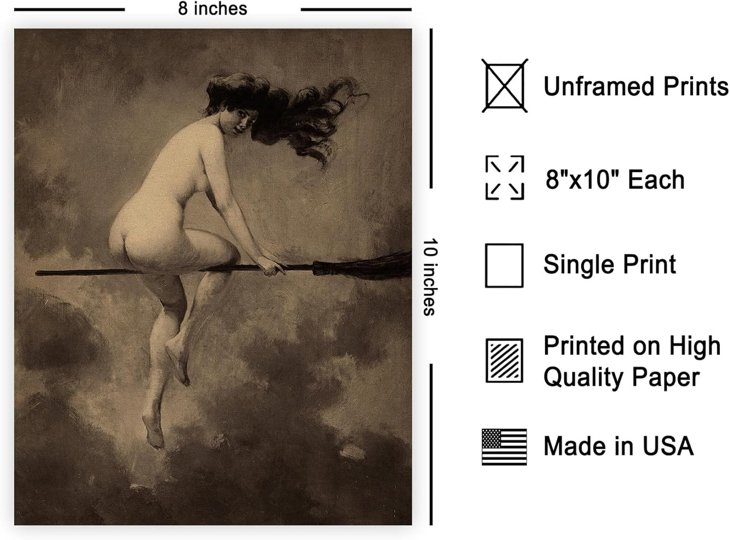 Poster Master Vintage Departure for the Sabbath Poster - Retro Naked Witch Print - Halloween Art - Gift for Men & Women - Gothic Wall Decor for Living Room, Bedroom or Dorm - 8x10 UNFRAMED Wall Art